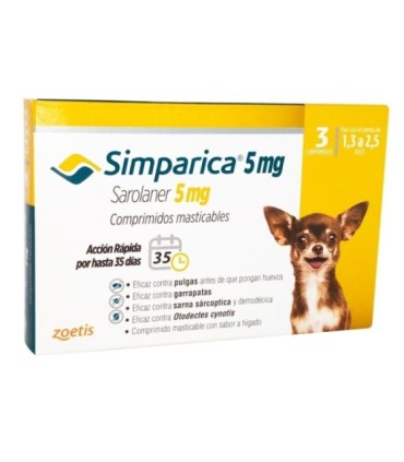 Simparica 5mg, para perros de 1,3 a 2,5 kgs, 3 blister x 1 tableta