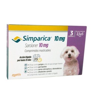 Simparica 10 mg, para perros de 2,5 a 5 kgs, 3 blister x 1 tableta