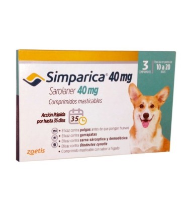 Simparica 40 mg, para perros de 10 a 20 kgs, 3 blister x 1 tableta