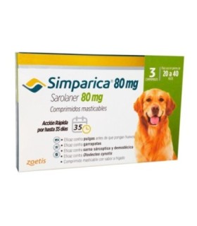 Simparica 80 mg, para perros de 20 a 40 kgs, 3 blister x 1 tableta