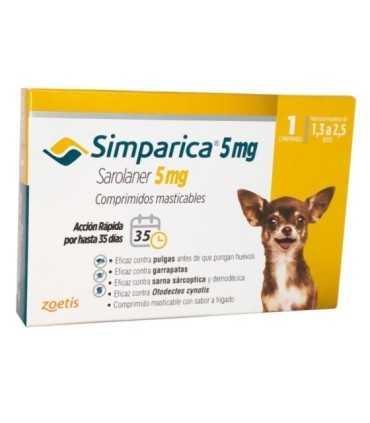 Simparica 5mg, para perros de 1,3 a 2,5 kgs, blister x 1 tableta